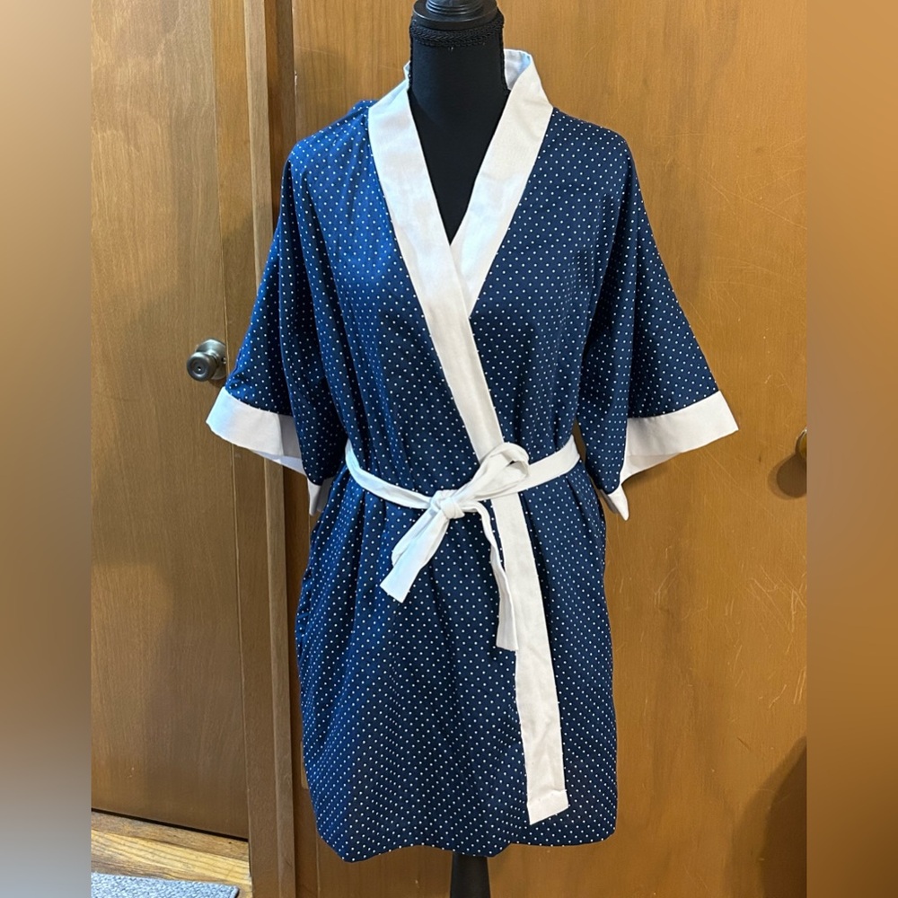 Vintage Blue Polka Dot‎ Robe Made in USA Kimono Lounge Robe Size L